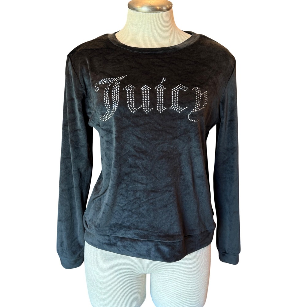Juicy Couture Black Velour Rhinestone Logo Long Sleeve Sleep Top Size Medium
